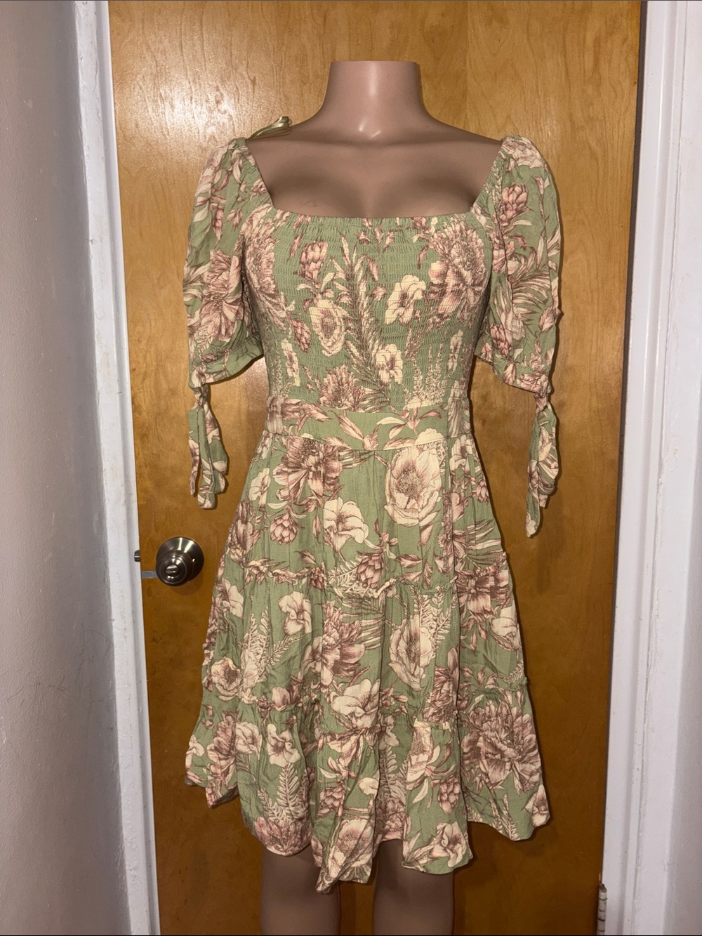 Agua Bendita Sage Green Floral Square-Neck Mini Dress